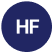 A dark blue circle with the white capital letters "HF" centered inside it on a light gray background, evoking the relaxing ambiance of a Sunset Beach NC bed and breakfast.