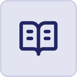 Simple icon of an open book with bold navy blue lines, inspired by the tranquil Hatteras Grand Room at Sunset Inn, set against a light gray background inside a rounded square border.