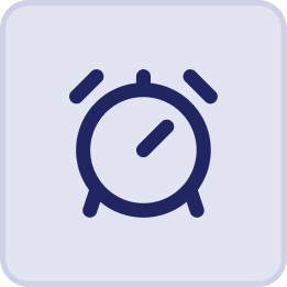 A simple dark blue icon of an alarm clock on a light blue square background with rounded corners, inspired by the serene ambiance of the Hatteras Grand Room at Sunset Inn.