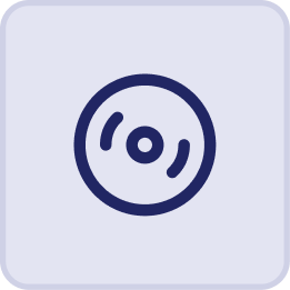 A simple icon of a CD or DVD disc, depicted with a dark blue outline on a light background and rounded square border, inspired by the coastal charm of the Hatteras Grand Room at Sunset Inn.