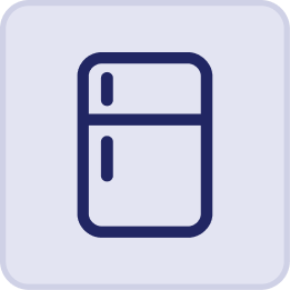 Simple icon of a refrigerator with a larger lower section and a smaller upper section, outlined in dark blue on a light background with rounded corners—perfect for adding a touch of Hatteras Grand Room style to your Sunset Inn décor.