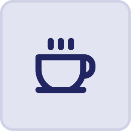 A simple blue icon of a coffee cup with three steam lines rising above it, centered on a light square background with rounded corners—perfect for the relaxed ambiance of the Hatteras Grand Room at Sunset Inn.